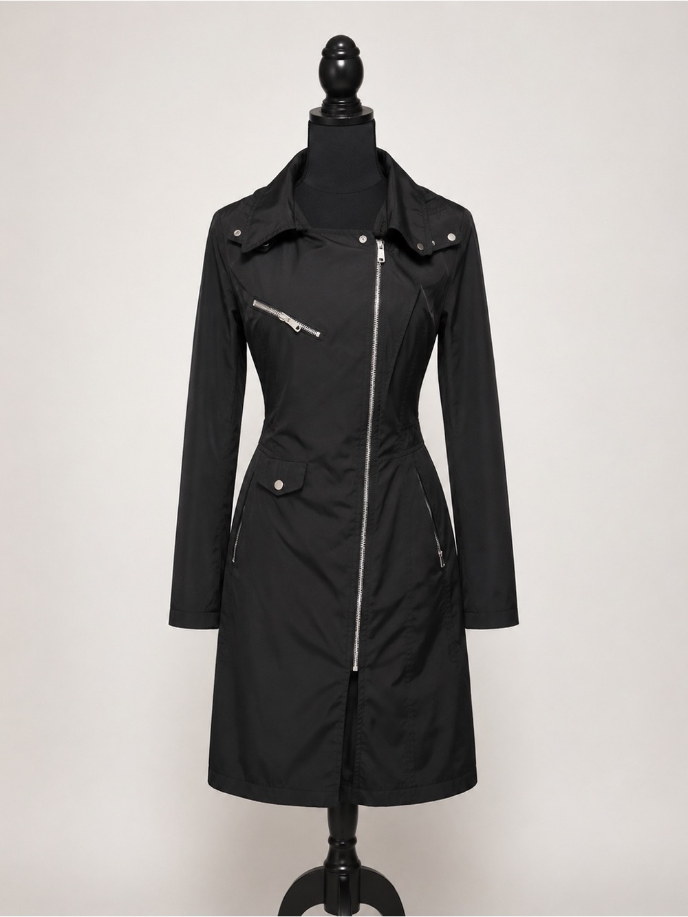 Avec Les Filles Black Asymmetric Hooded Trench Coat Moto Zip Belted